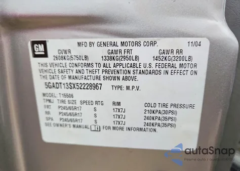 2005 Buick Rainier Cxl z USA, uszkodzony, nr VIN 5GADT13SX52228967